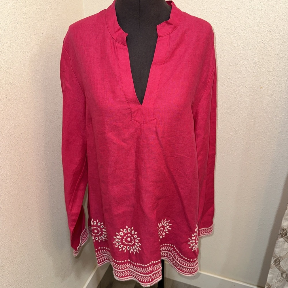 Charter  club linen tunic Hot pink white embroidery Long Sleeve Size 14